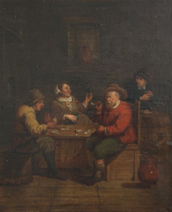 After David Teniers Playing at cards, woman sitting at the table regalling 21.5 x 18in.